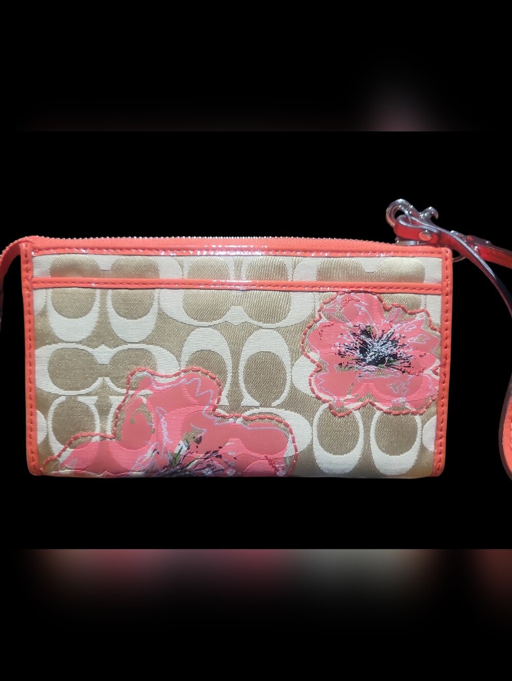 Coach Poppy Flower Khaki Signature Sequin Coral Patent Leather Wallet 47070 - Picture 2 of 7